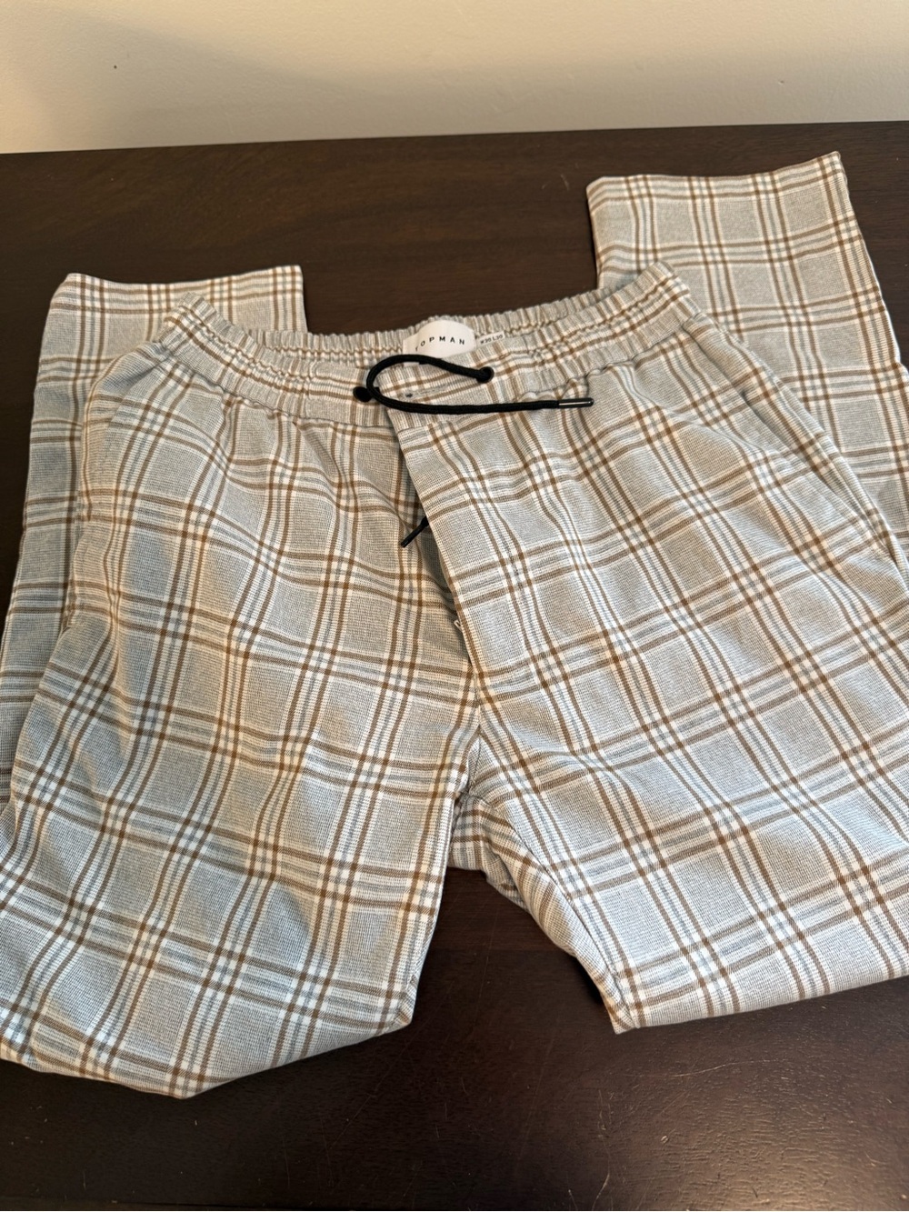 Topman Beige and Brown Plaid Drawstring Trousers